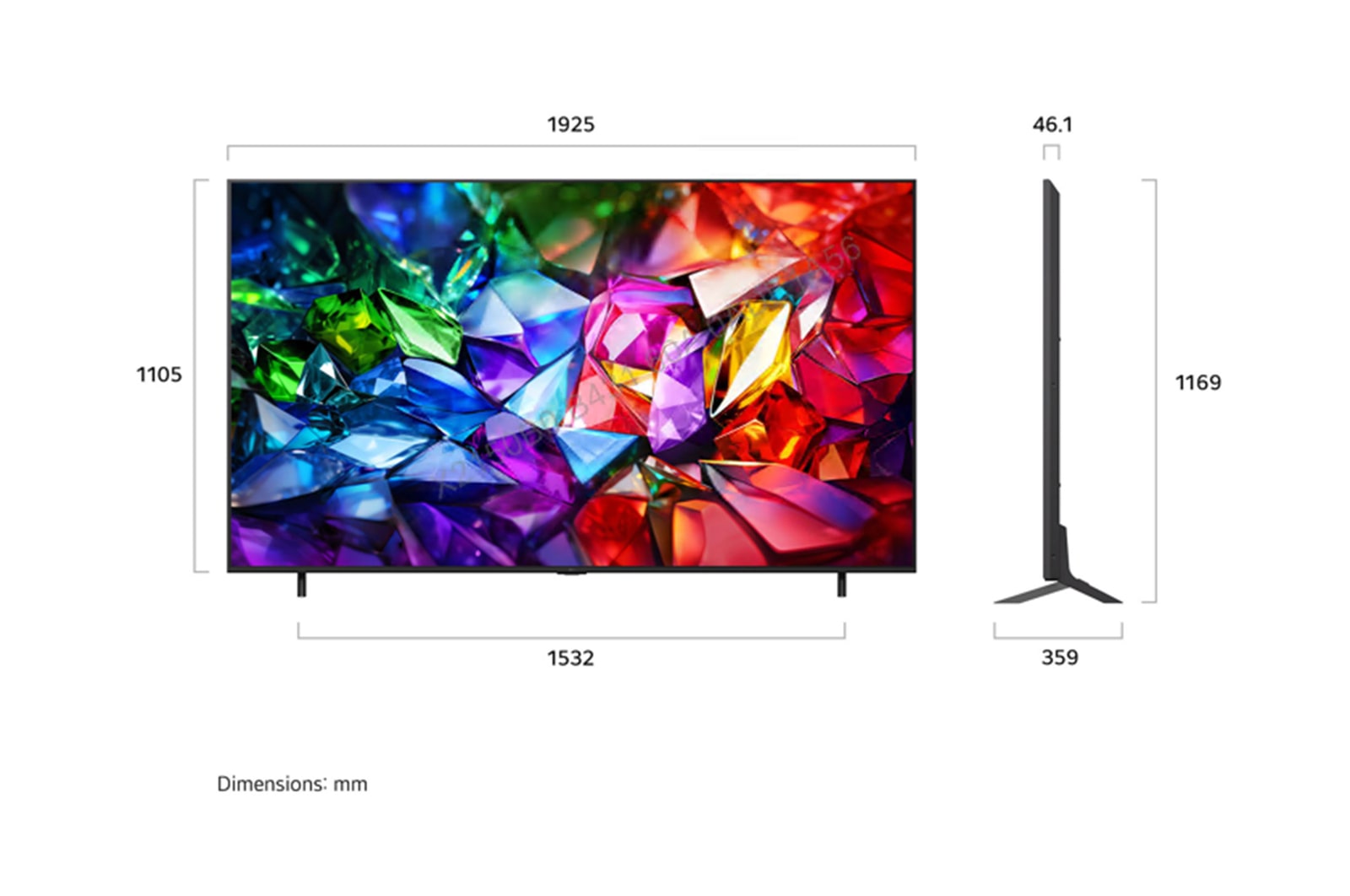 LG Micro RGB evo AI MRGB95 shown in front and side views highlights a 100-inch display with a 2230 mm-wide screen, 1277 mm screen height, 1374 mm height with stand, a 49.9 mm depth, and a stand footprint measuring 1725 by 415 mm.
